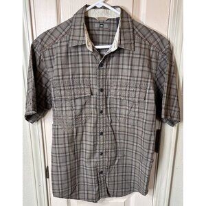 REI Mens Small Brown Plaid Outdoors Hiking Short Sleeve Full Button Shirt
